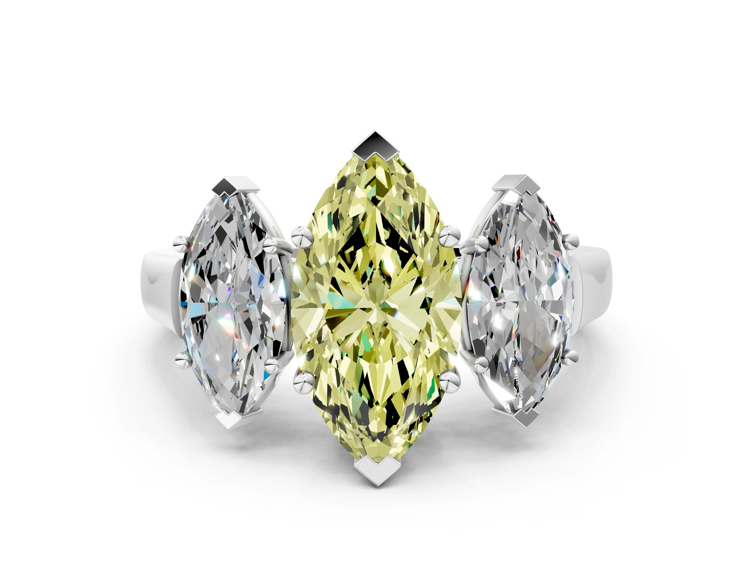 White gold Three-Stone Fancy Yellow Marquise Cut Brilliant Diamond Trellis Ring with Comfort Fit Band_12