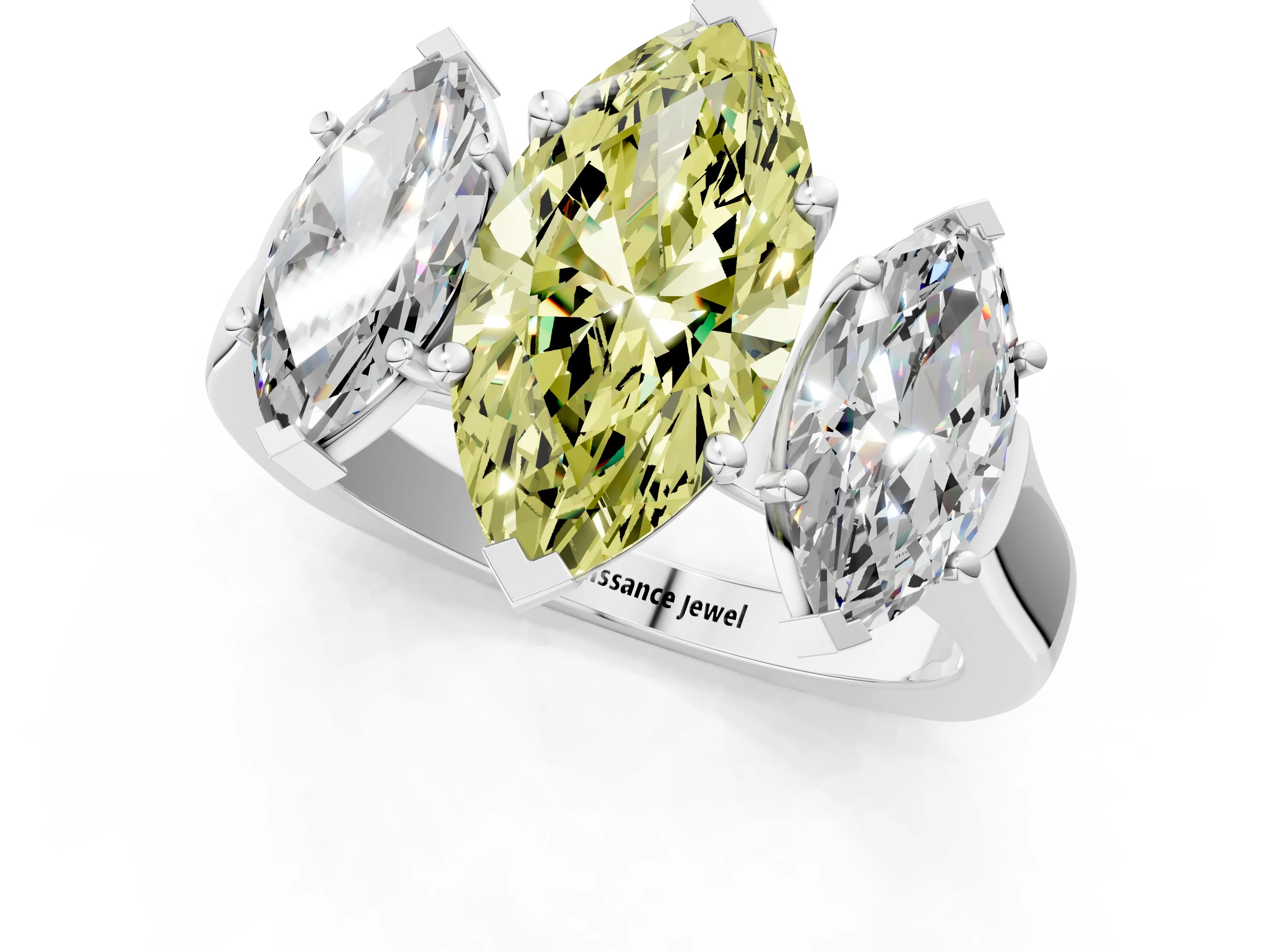 White gold Three-Stone Fancy Yellow Marquise Cut Brilliant Diamond Trellis Ring with Comfort Fit Band_13