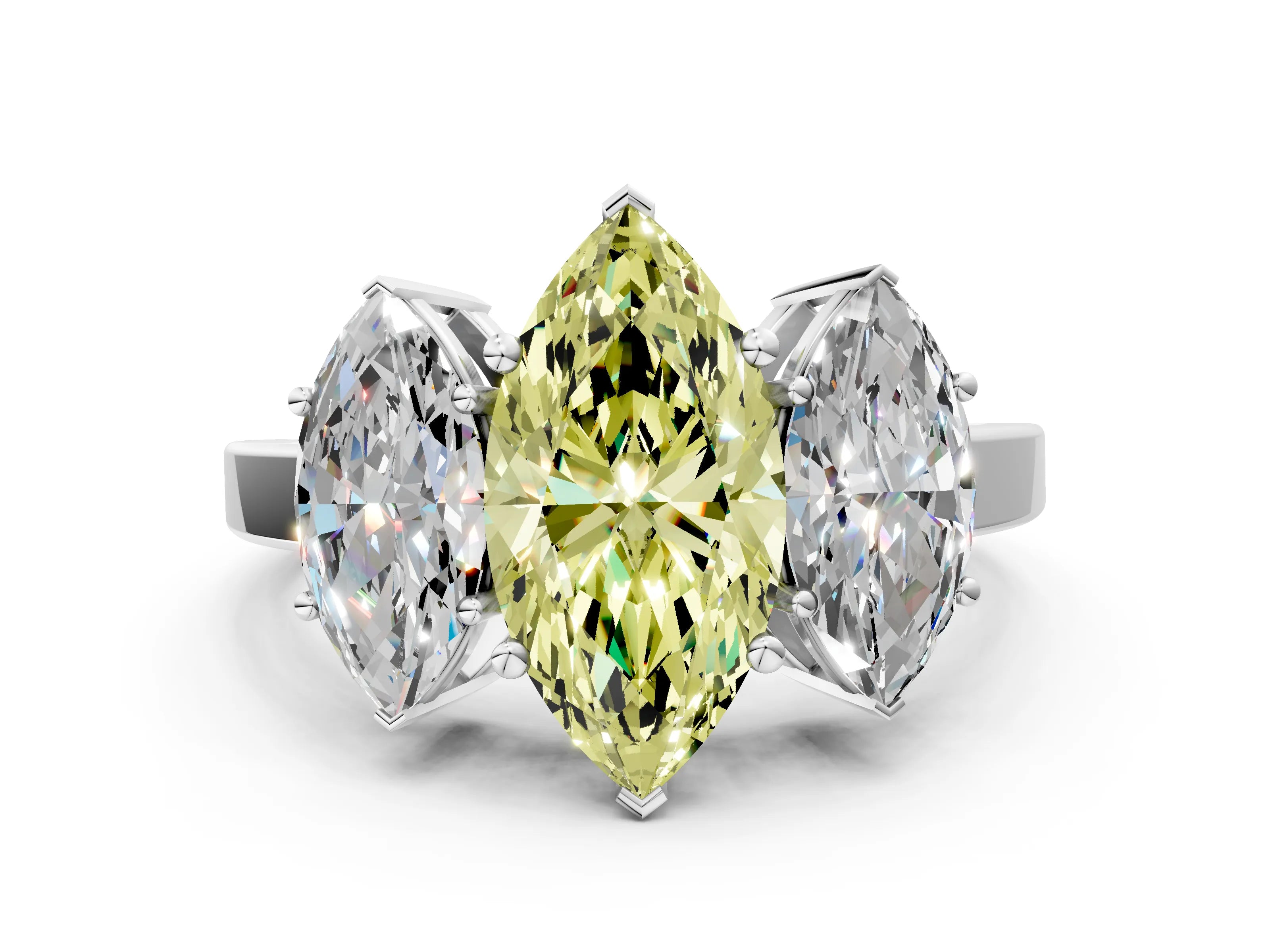 White gold Three-Stone Fancy Yellow Marquise Cut Cut Diamond Engagement Ring with Flat Band and Four-Prong Setting