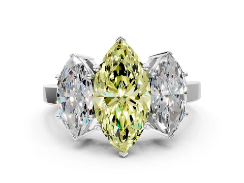 White gold Three-Stone Fancy Yellow Marquise Cut Cut Diamond Engagement Ring with Flat Band and Four-Prong Setting