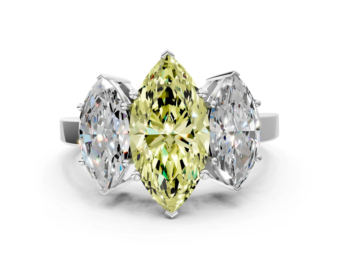 White gold Three-Stone Fancy Yellow Marquise Cut Cut Diamond Engagement Ring with Flat Band and Four-Prong Setting_12