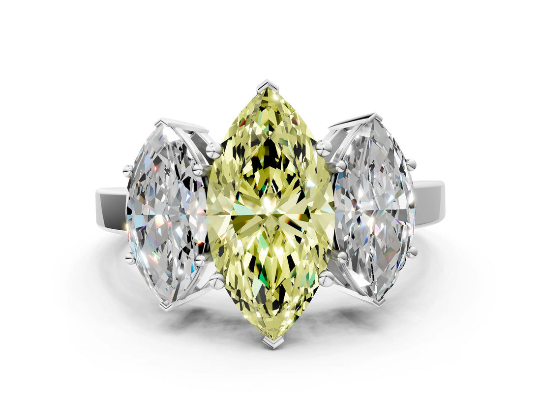 White gold Three-Stone Fancy Yellow Marquise Cut Cut Diamond Engagement Ring with Flat Band and Four-Prong Setting_12