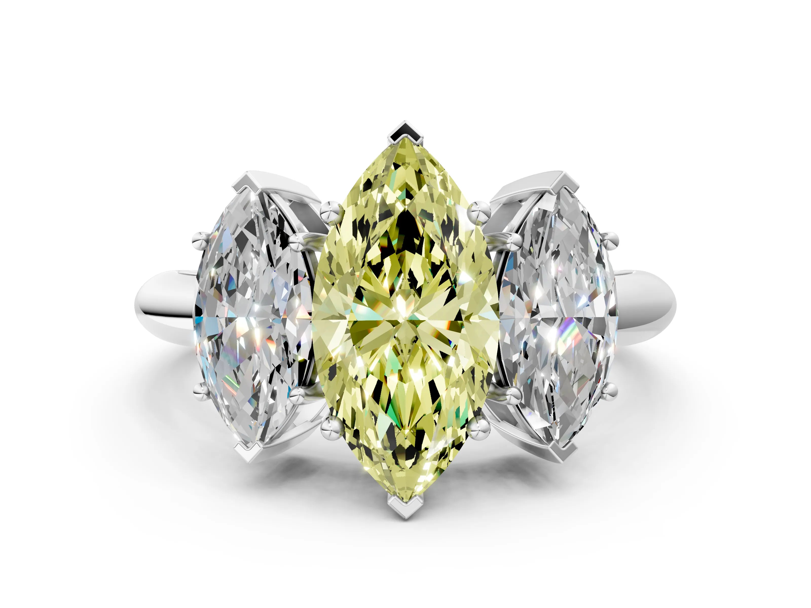 White gold Three-Stone Fancy Yellow Marquise Cut Cut Diamond Engagement Ring with Prong Setting on a White Gold Band_12