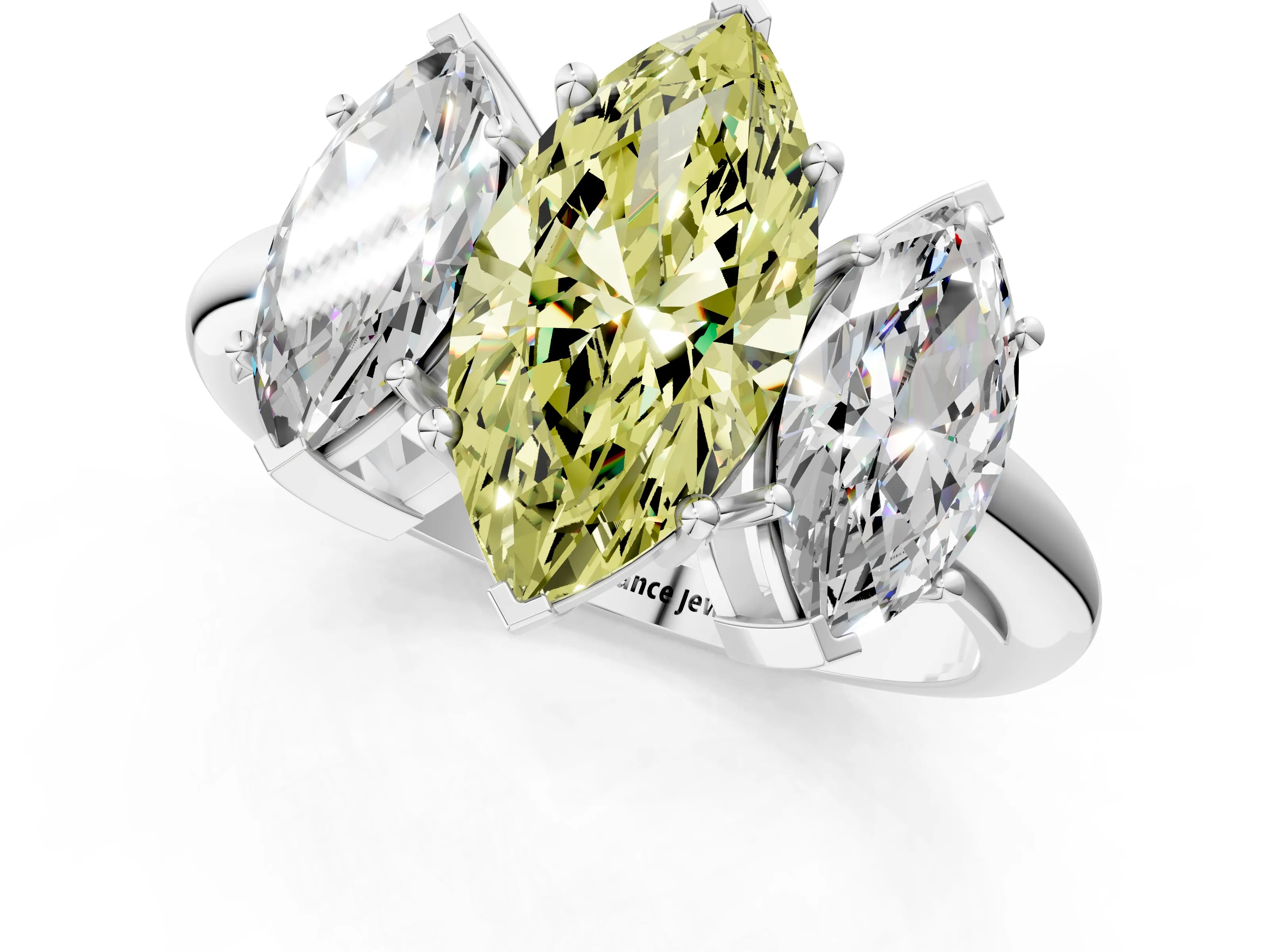 White gold Three-Stone Fancy Yellow Marquise Cut Cut Diamond Engagement Ring with Prong Setting on a White Gold Band_13