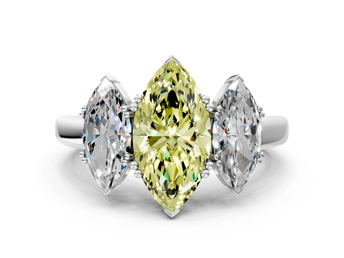 White gold Three-Stone Fancy Yellow Marquise Cut Cut Diamond Ring with Channel Set Band and Four-Prong Setting_13