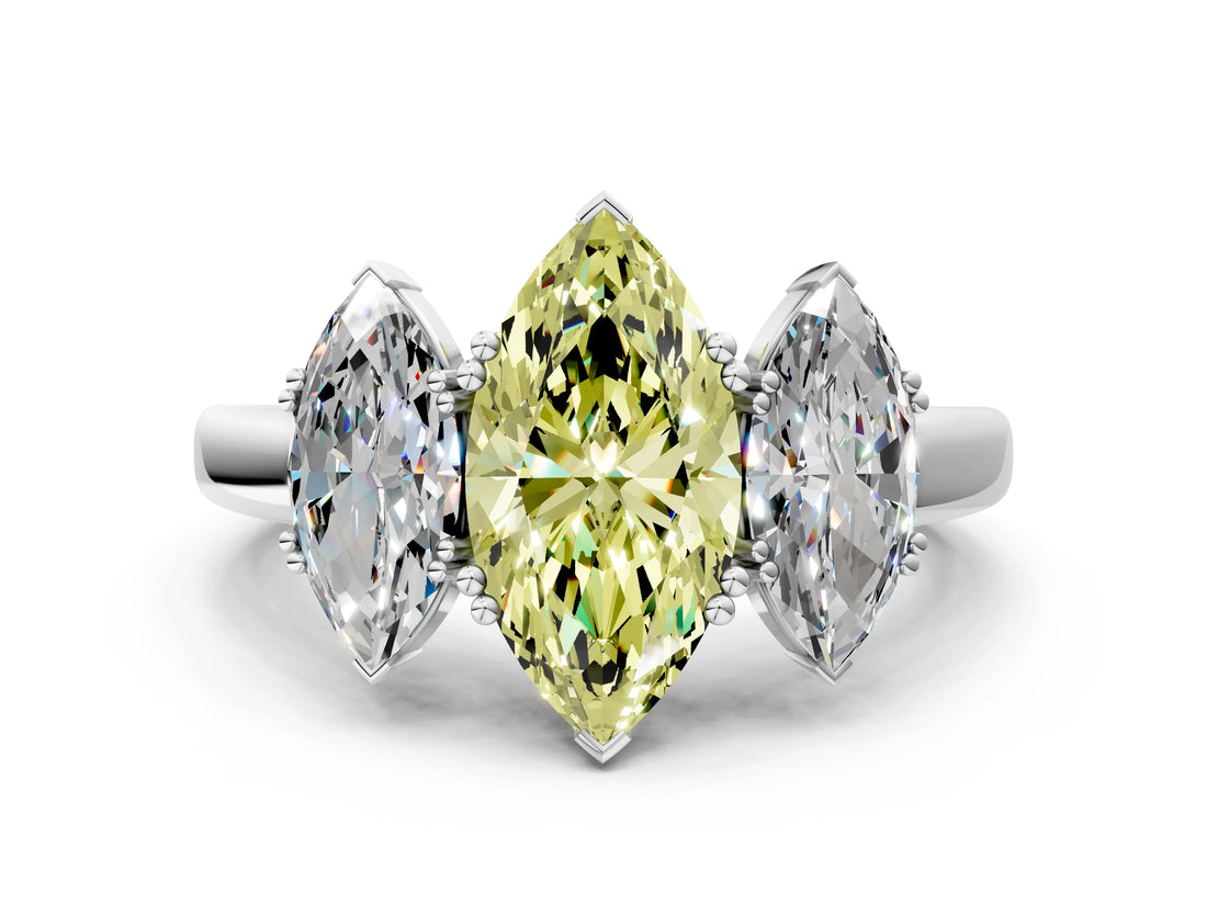 White gold Three-Stone Fancy Yellow Marquise Cut Cut Diamond Ring with Channel Set Band and Four-Prong Setting_24