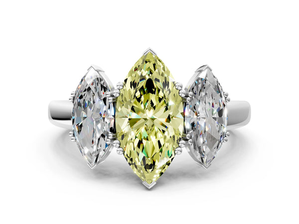 White gold Three-Stone Fancy Yellow Marquise Cut Cut Diamond Ring with Channel Set Band and Four-Prong Setting