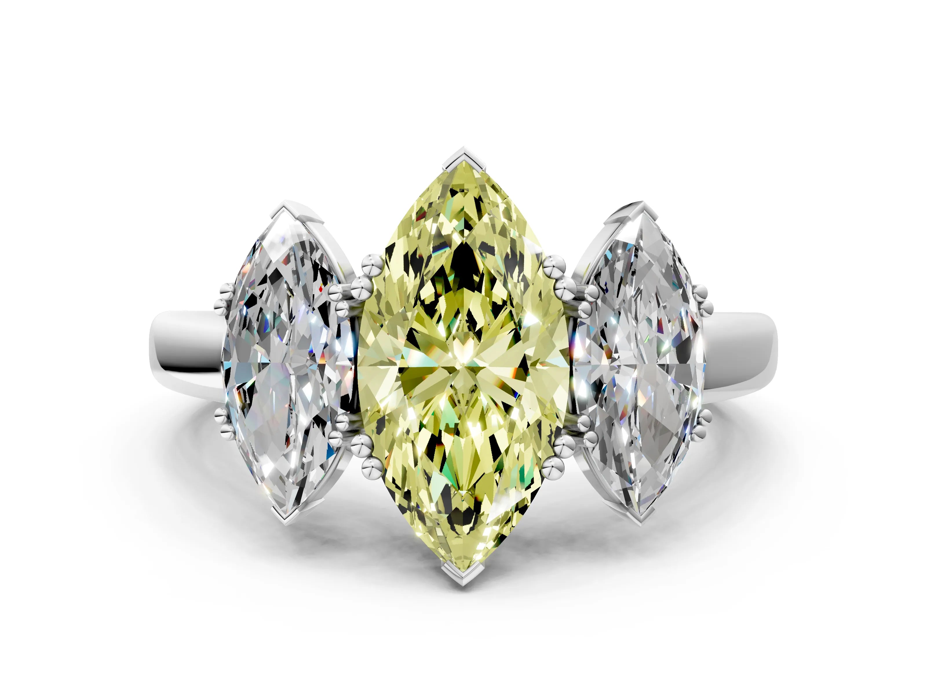 White gold Three-Stone Fancy Yellow Marquise Cut Cut Diamond Ring with Channel Set Band and Four-Prong Setting