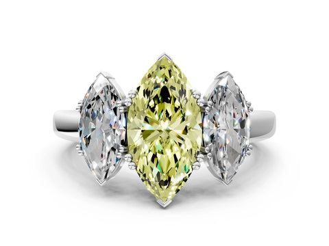 White gold Three-Stone Fancy Yellow Marquise Cut Cut Diamond Ring with Channel Set Band and Four-Prong Setting