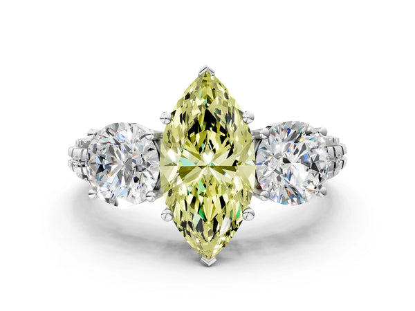 Platinum Three-Stone Fancy Yellow Marquise Cut Cut Diamond Ring with Channel-Set Band and Prong Setting
