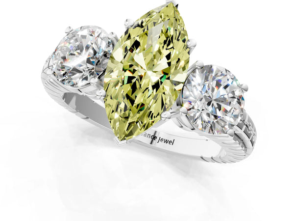 Platinum Three-Stone Fancy Yellow Marquise Cut Cut Diamond Ring with Channel-Set Band and Prong Setting