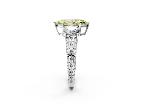 Platinum Three-Stone Fancy Yellow Marquise Cut Cut Diamond Ring with Channel-Set Band and Prong Setting