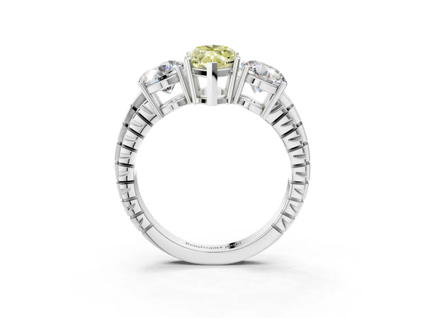 Platinum Three-Stone Fancy Yellow Marquise Cut Cut Diamond Ring with Channel-Set Band and Prong Setting