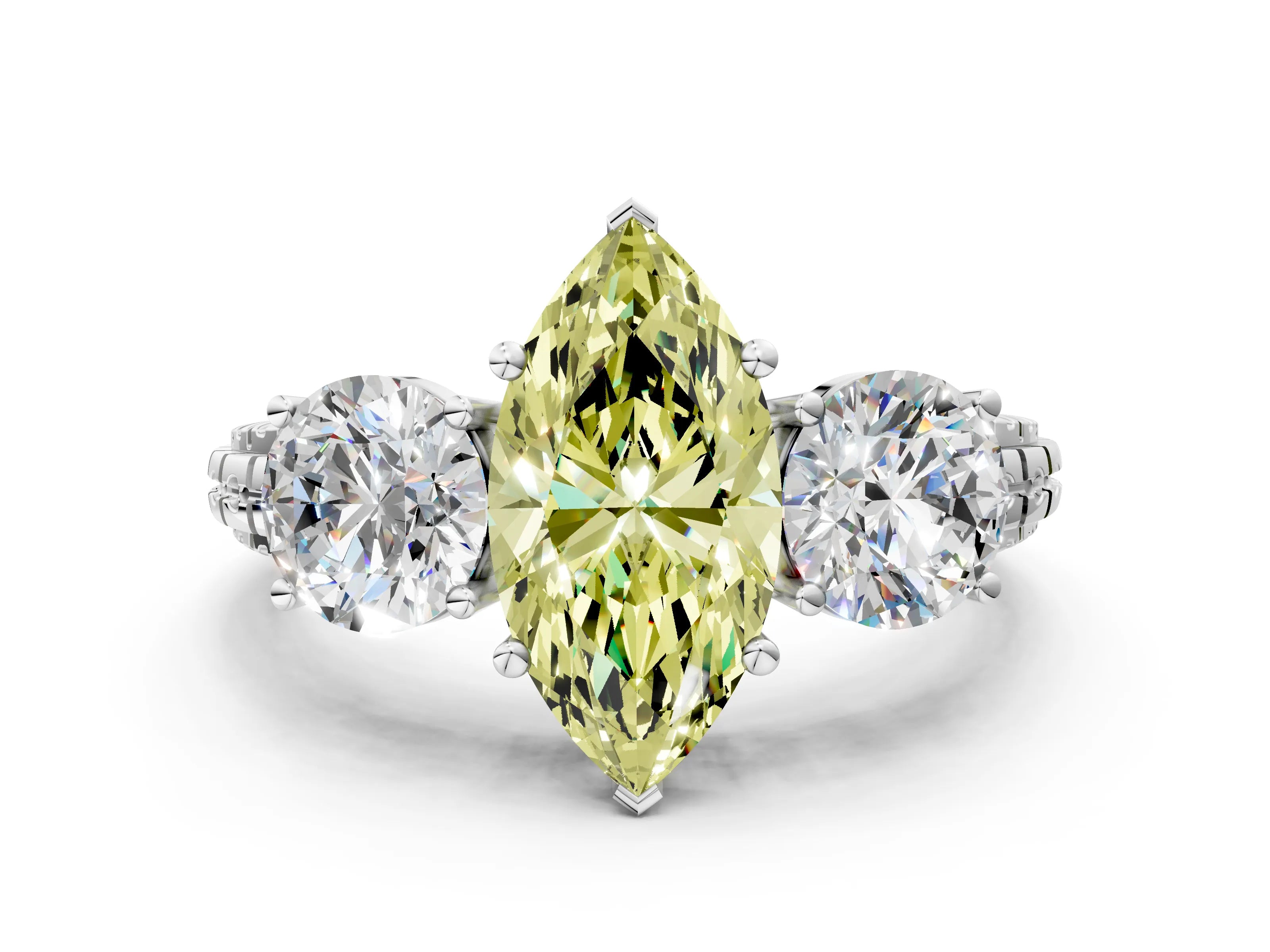 White gold Three-Stone Fancy Yellow Marquise Cut Cut Diamond Ring with Channel-Set Band and Prong Setting
