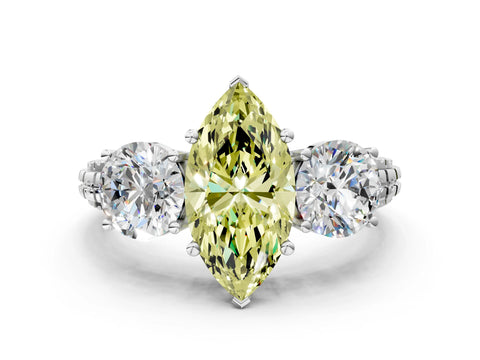 White gold Three-Stone Fancy Yellow Marquise Cut Cut Diamond Ring with Channel-Set Band and Prong Setting