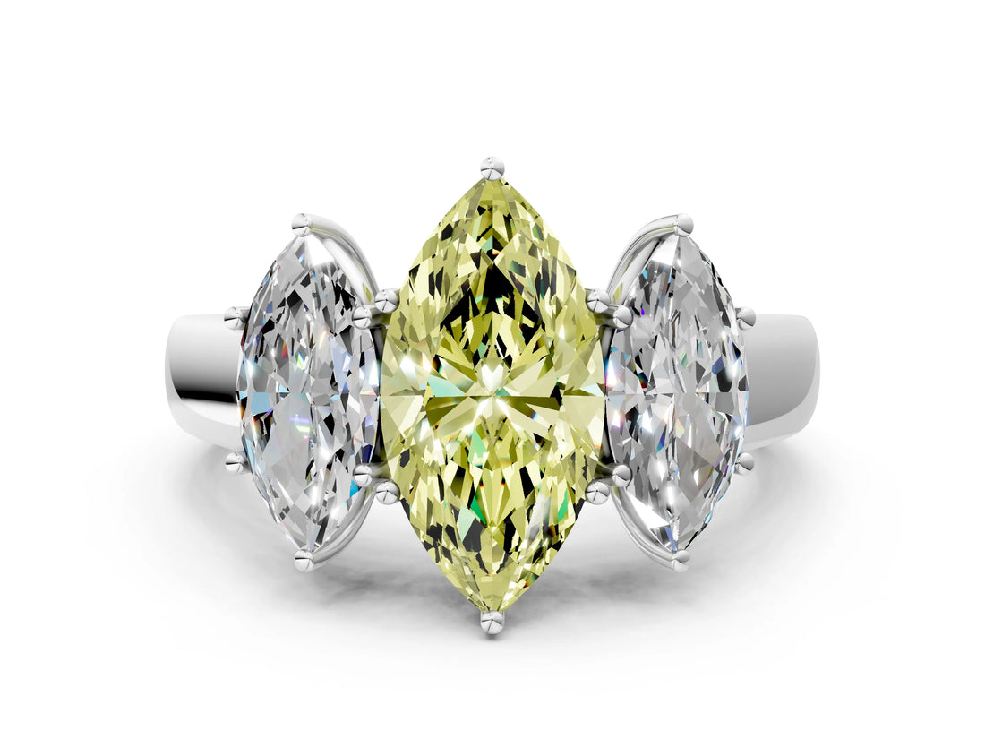 White gold Three-Stone Fancy Yellow Marquise Cut Cut Diamond Ring with Prong Setting and Classic Band