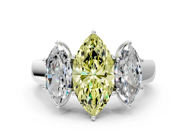 White gold Three-Stone Fancy Yellow Marquise Cut Cut Diamond Ring with Prong Setting and Classic Band