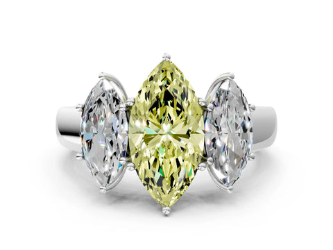White gold Three-Stone Fancy Yellow Marquise Cut Cut Diamond Ring with Prong Setting and Classic Band