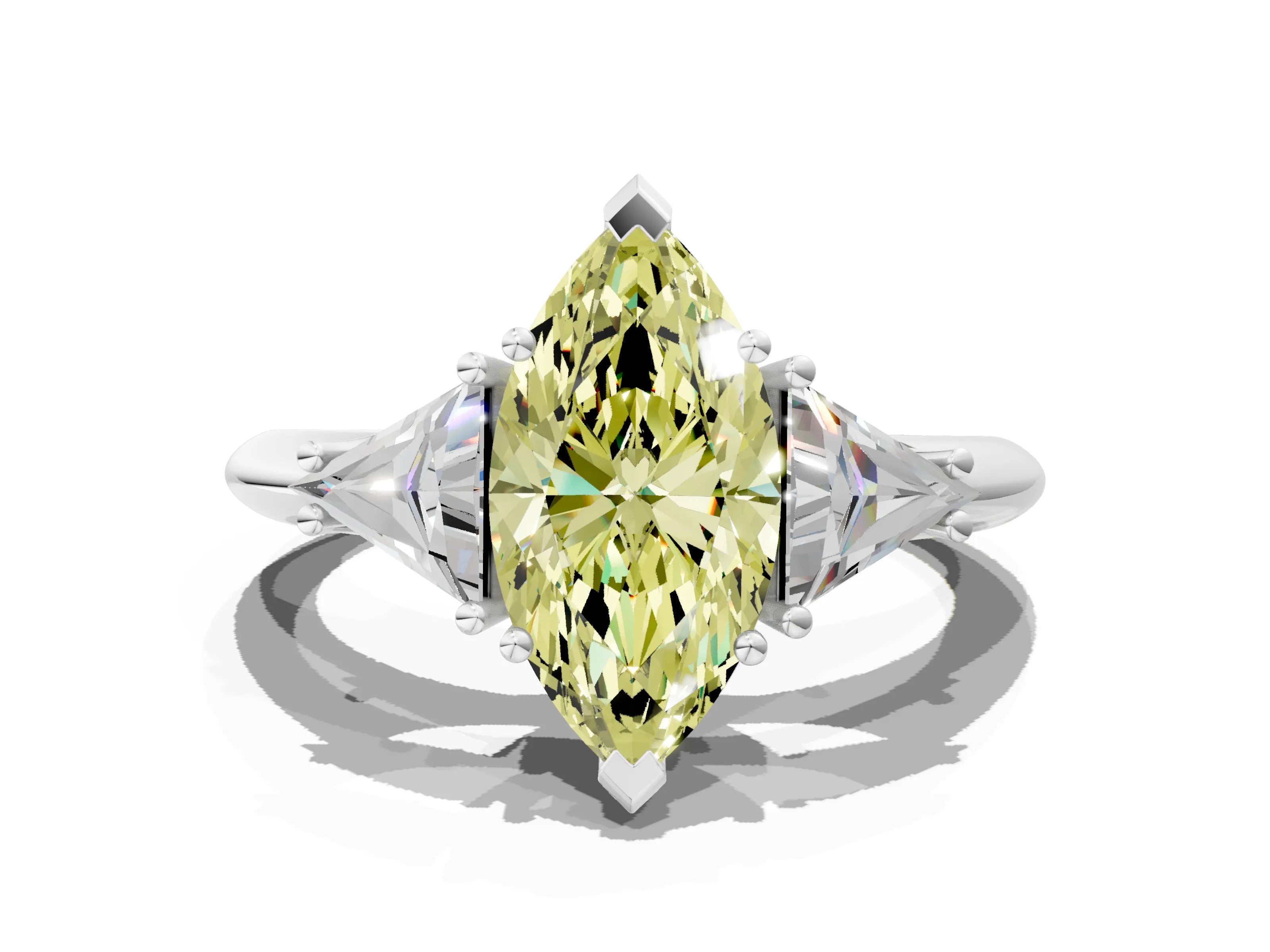 White gold Three-Stone Fancy Yellow Marquise Cut Cut Diamond Ring with Trillion Side Stones and Four-Prong Setting_11