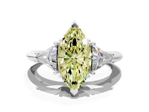 White gold Three-Stone Fancy Yellow Marquise Cut Cut Diamond Ring with Trillion Side Stones and Four-Prong Setting_11