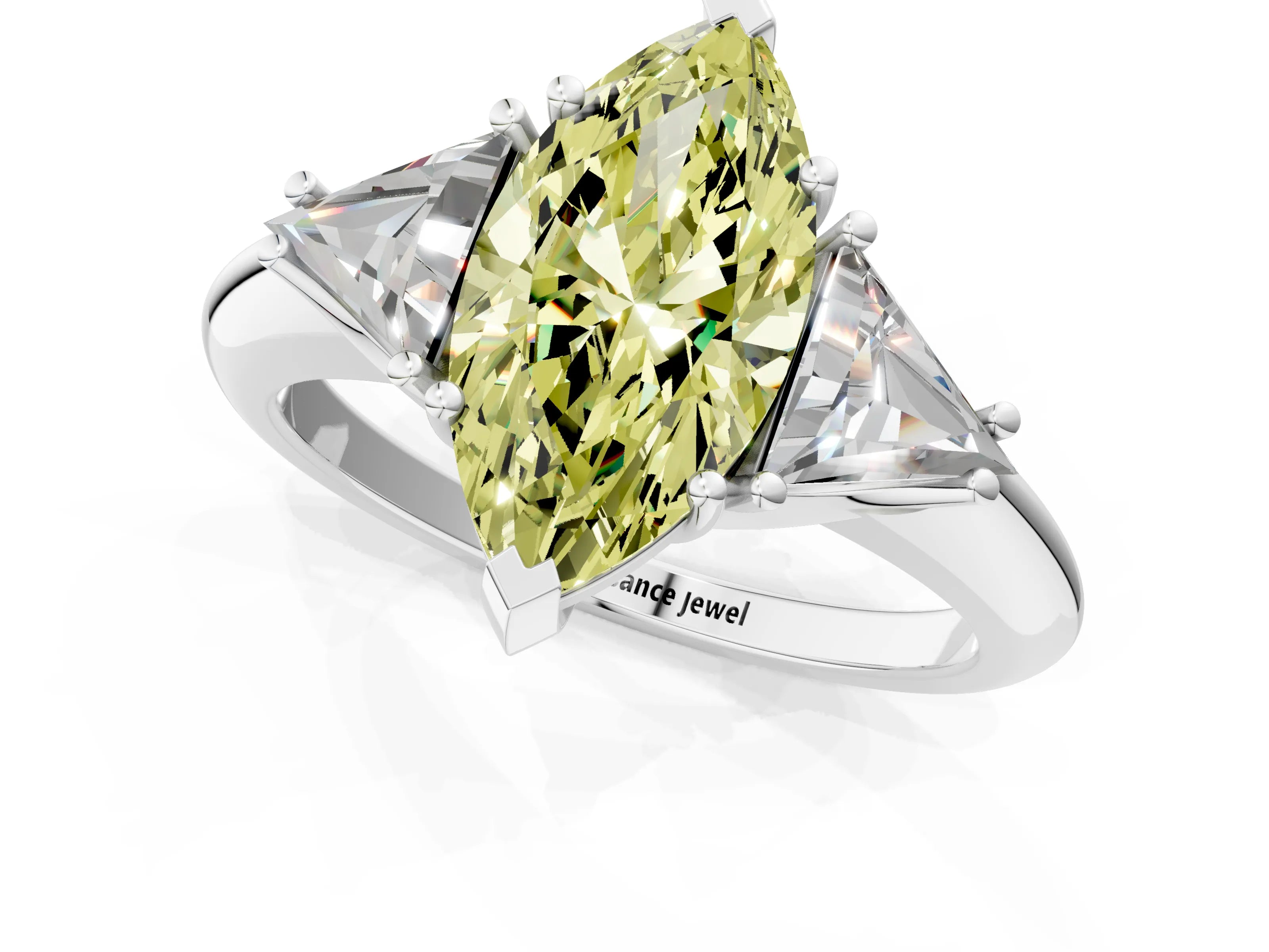 White gold Three-Stone Fancy Yellow Marquise Cut Cut Diamond Ring with Trillion Side Stones and Four-Prong Setting_12
