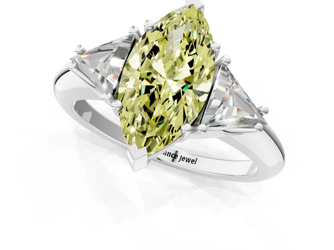 White gold Three-Stone Fancy Yellow Marquise Cut Cut Diamond Ring with Trillion Side Stones and Four-Prong Setting_12