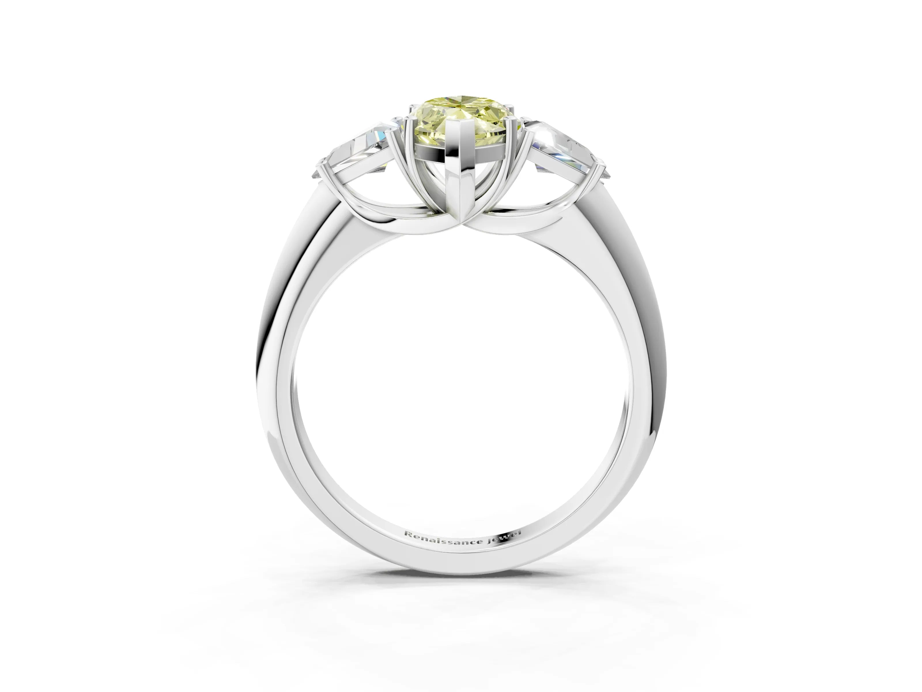 White gold Three-Stone Fancy Yellow Marquise Cut Cut Diamond Ring with Trillion Side Stones and Four-Prong Setting_14