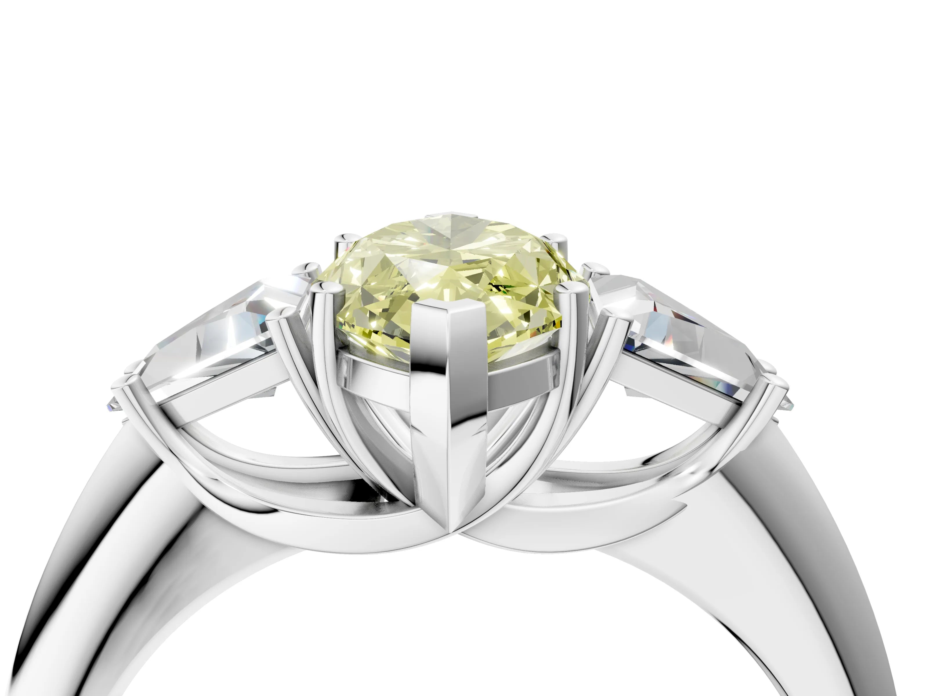 White gold Three-Stone Fancy Yellow Marquise Cut Cut Diamond Ring with Trillion Side Stones and Four-Prong Setting_15