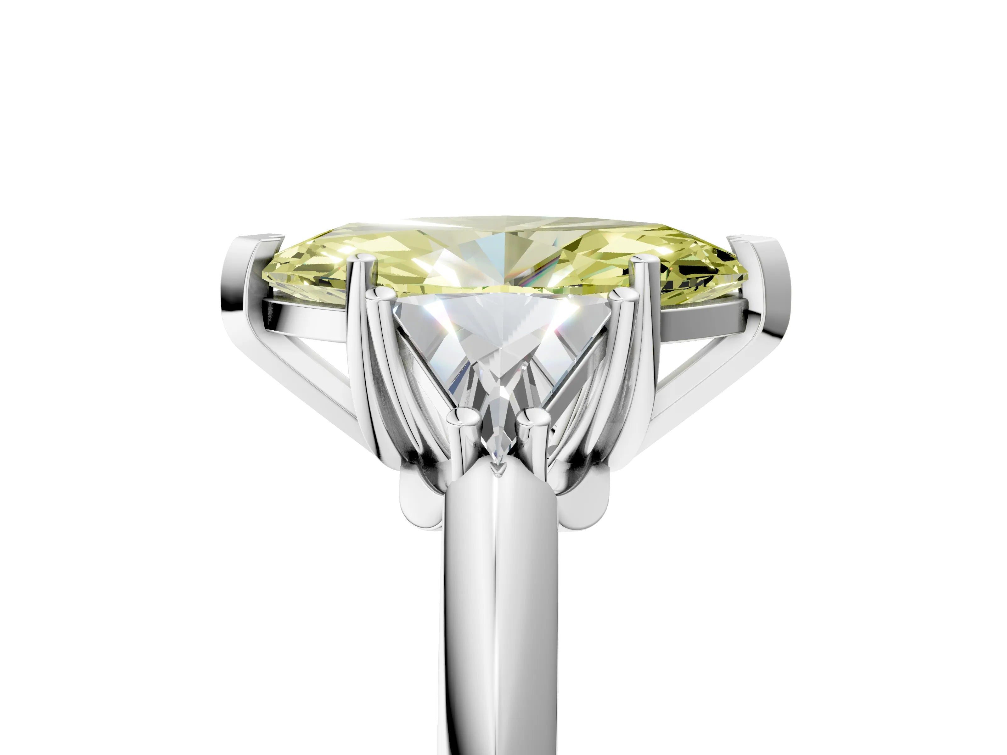 White gold Three-Stone Fancy Yellow Marquise Cut Cut Diamond Ring with Trillion Side Stones and Four-Prong Setting_16