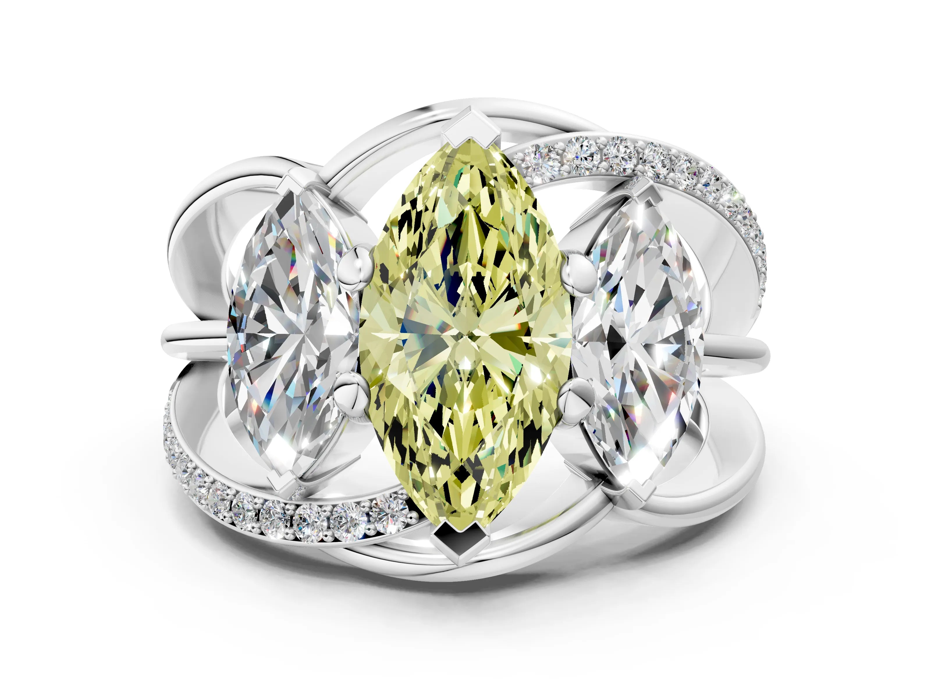 White gold Three-Stone Fancy Yellow Marquise Cut Cut Diamond Split Shank Prong Set Ring_12