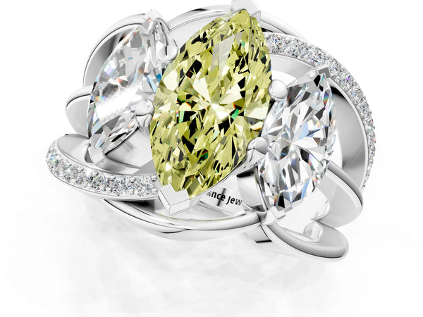 Platinum Three-Stone Fancy Yellow Marquise Cut Cut Diamond Split Shank Prong Set Ring