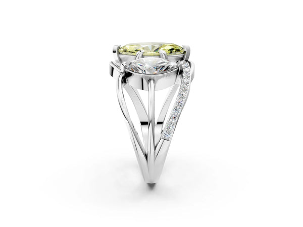 Platinum Three-Stone Fancy Yellow Marquise Cut Cut Diamond Split Shank Prong Set Ring