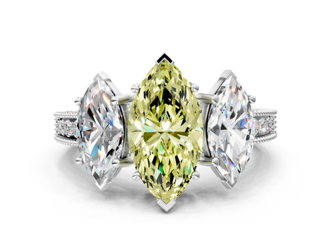 White gold Three-Stone Fancy Yellow Marquise Cut Cut Milgrain Pavé Engagement Ring_12