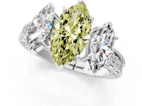 White gold Three-Stone Fancy Yellow Marquise Cut Cut Milgrain Pavé Engagement Ring_13