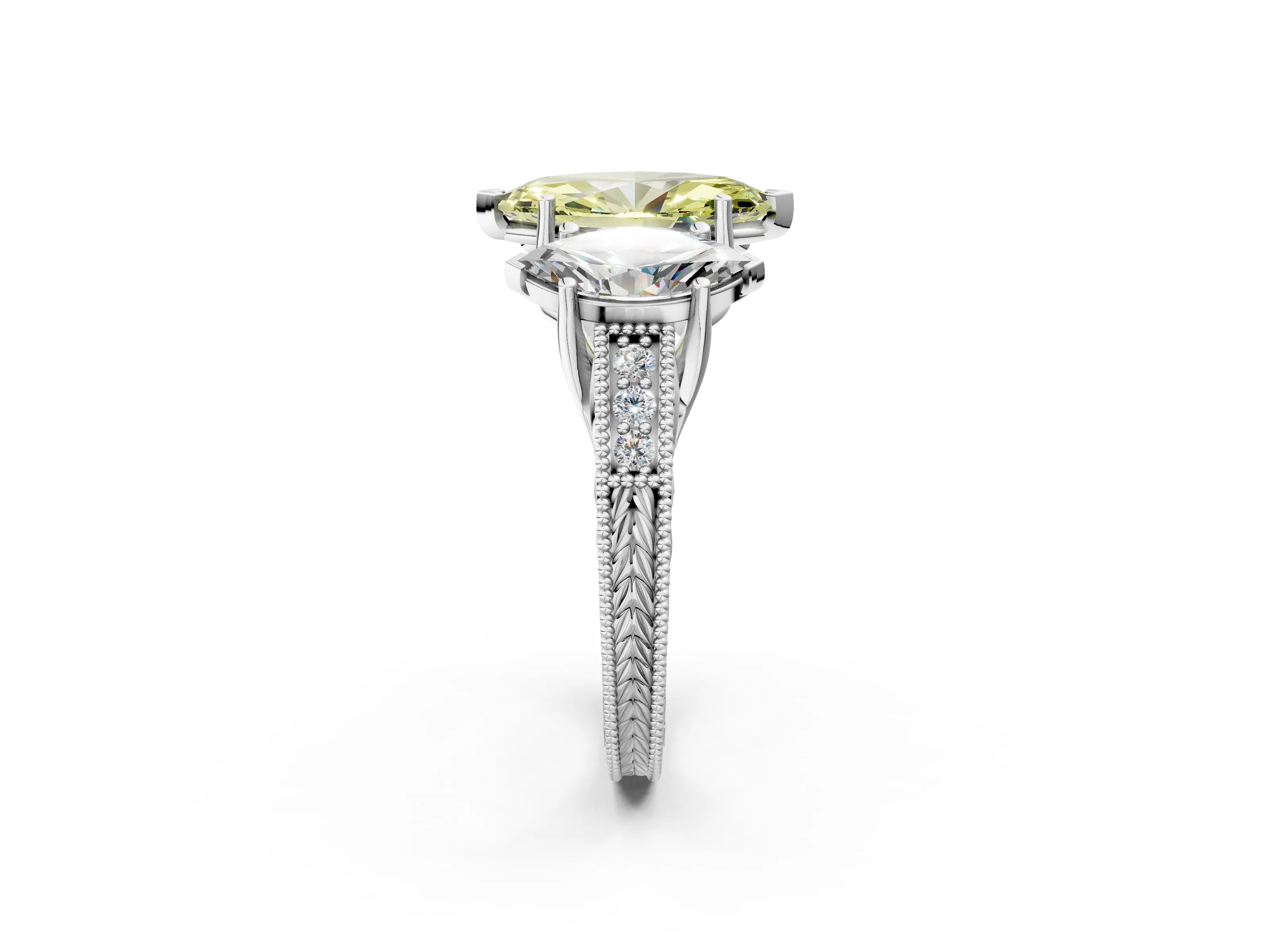 White gold Three-Stone Fancy Yellow Marquise Cut Cut Milgrain Pavé Engagement Ring_14