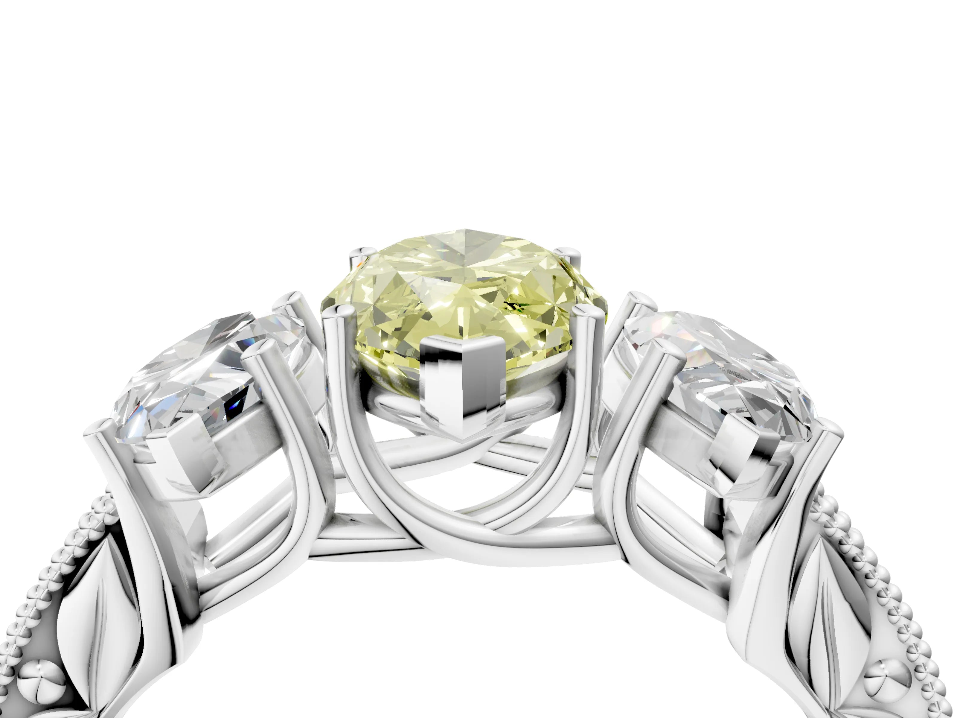 White gold Three-Stone Fancy Yellow Marquise Cut Cut Milgrain Pavé Engagement Ring_16