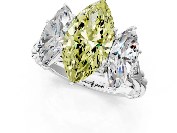 White gold Three-Stone Fancy Yellow Marquise Cut Diamond Braided Band Ring with Four-Prong Setting