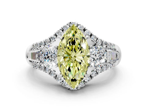 White gold Three-Stone Fancy Yellow Marquise Cut Diamond Engagement Ring with Pave Band and Prong Setting_12