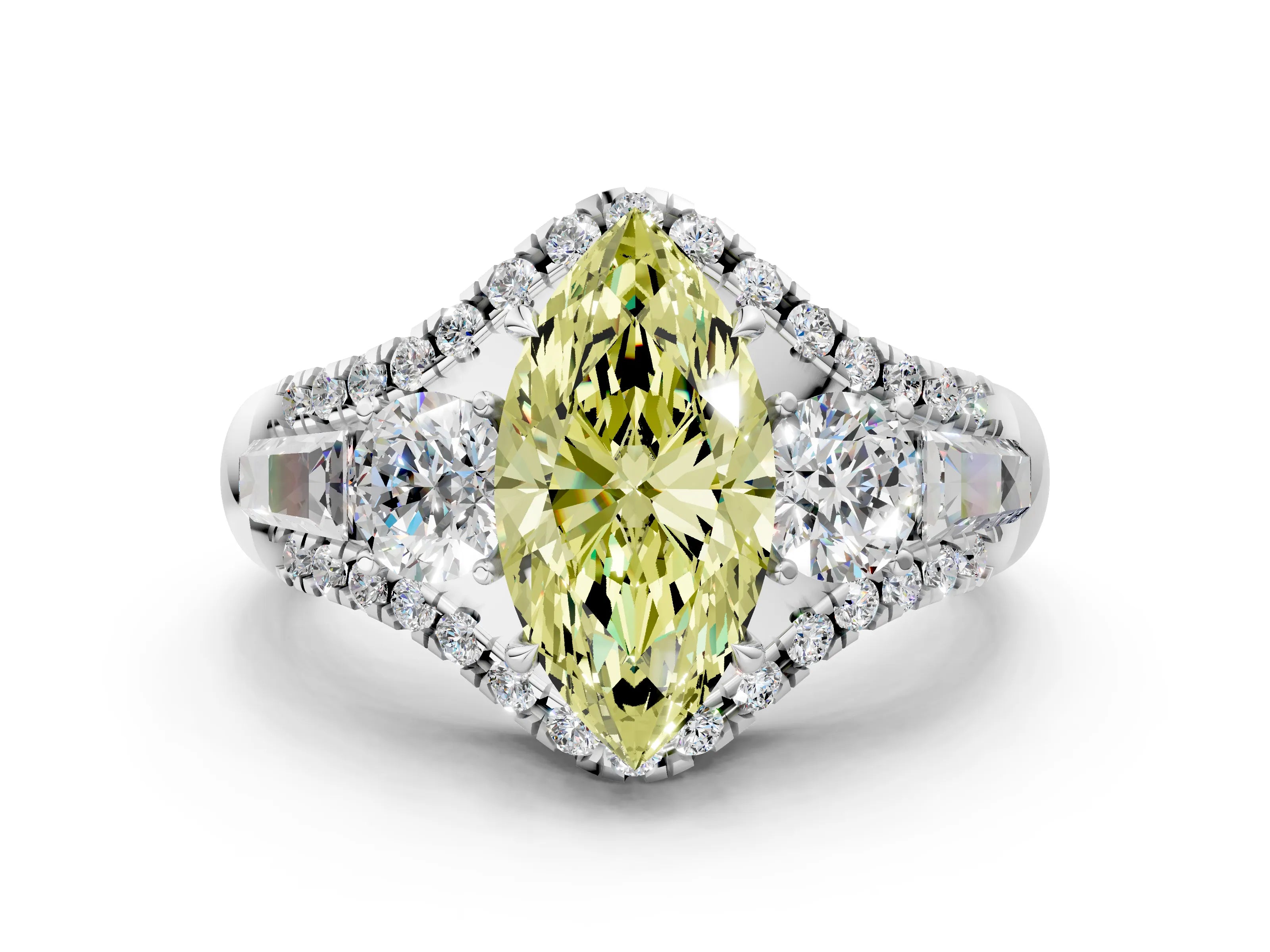 White gold Three-Stone Fancy Yellow Marquise Cut Diamond Engagement Ring with Pave Band and Prong Setting_12