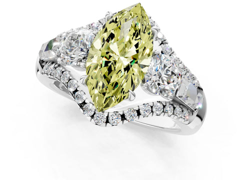 White gold Three-Stone Fancy Yellow Marquise Cut Diamond Engagement Ring with Pave Band and Prong Setting_13