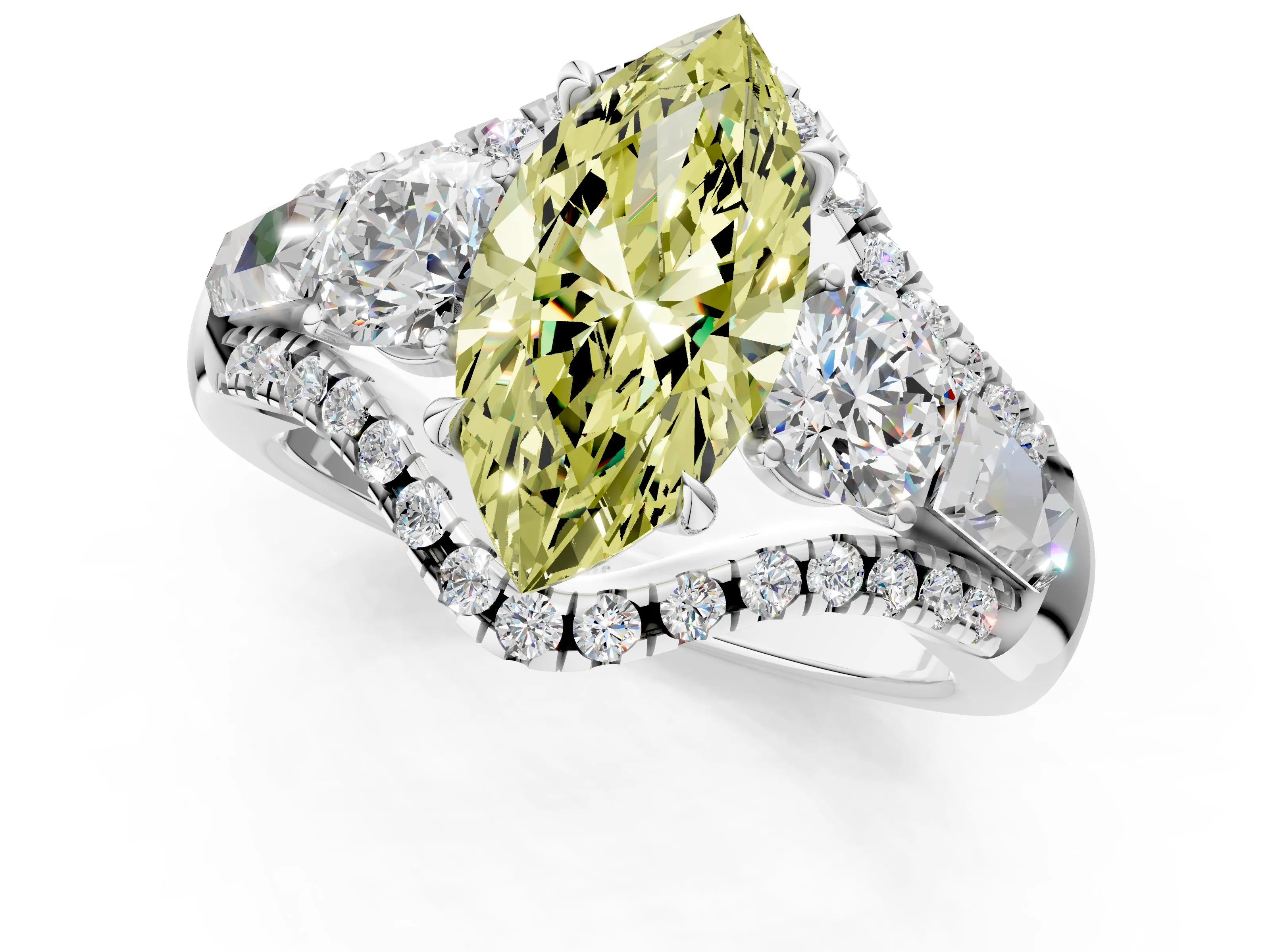 White gold Three-Stone Fancy Yellow Marquise Cut Diamond Engagement Ring with Pave Band and Prong Setting_13