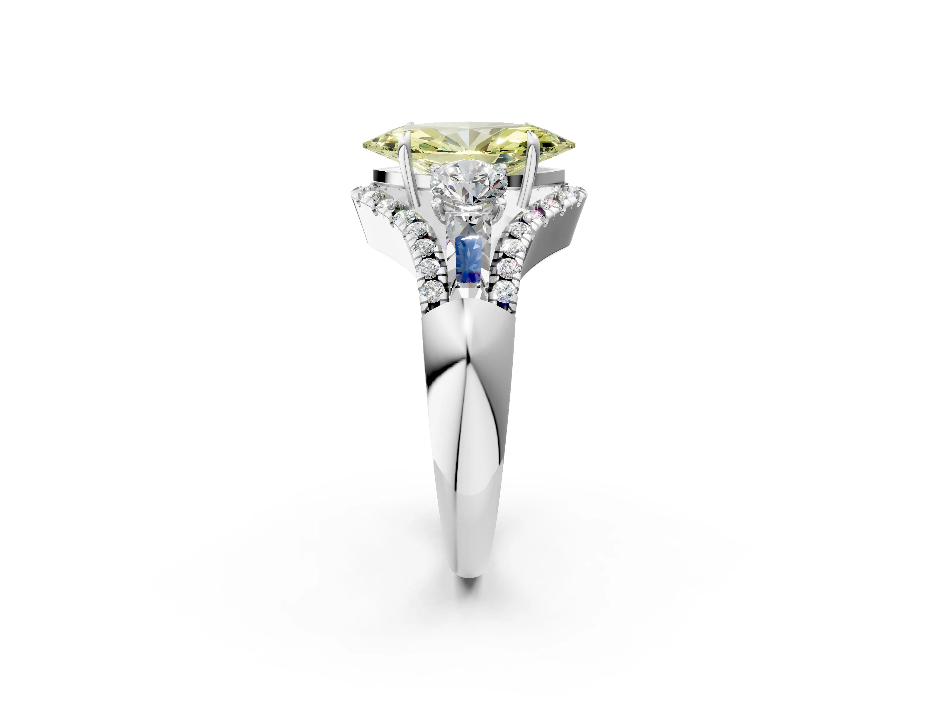 White gold Three-Stone Fancy Yellow Marquise Cut Diamond Engagement Ring with Pave Band and Prong Setting_14