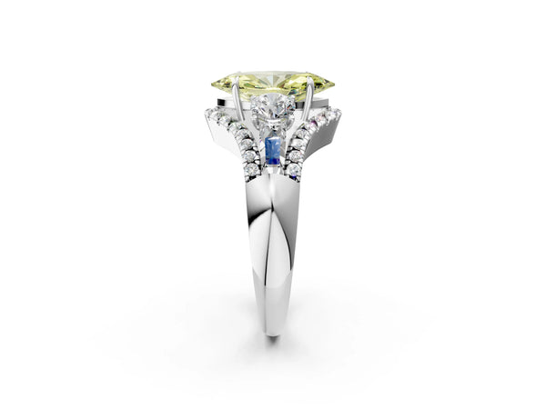 Sterling Silver Marquise Five Stone Baguette Engagement Ring Setting for Fancy Yellow Center