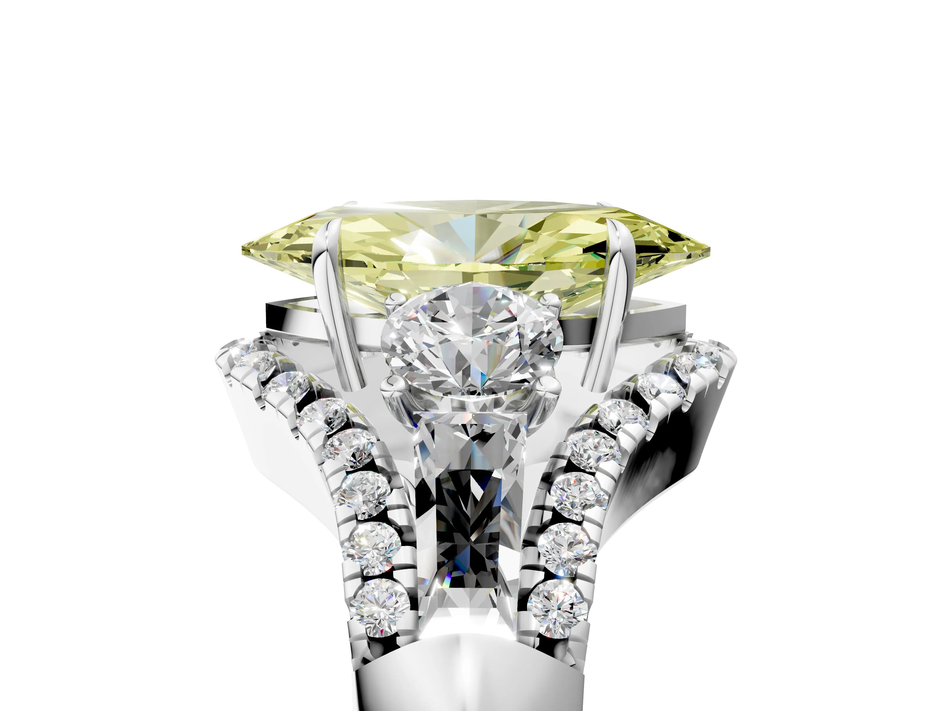 White gold Three-Stone Fancy Yellow Marquise Cut Diamond Engagement Ring with Pave Band and Prong Setting_17