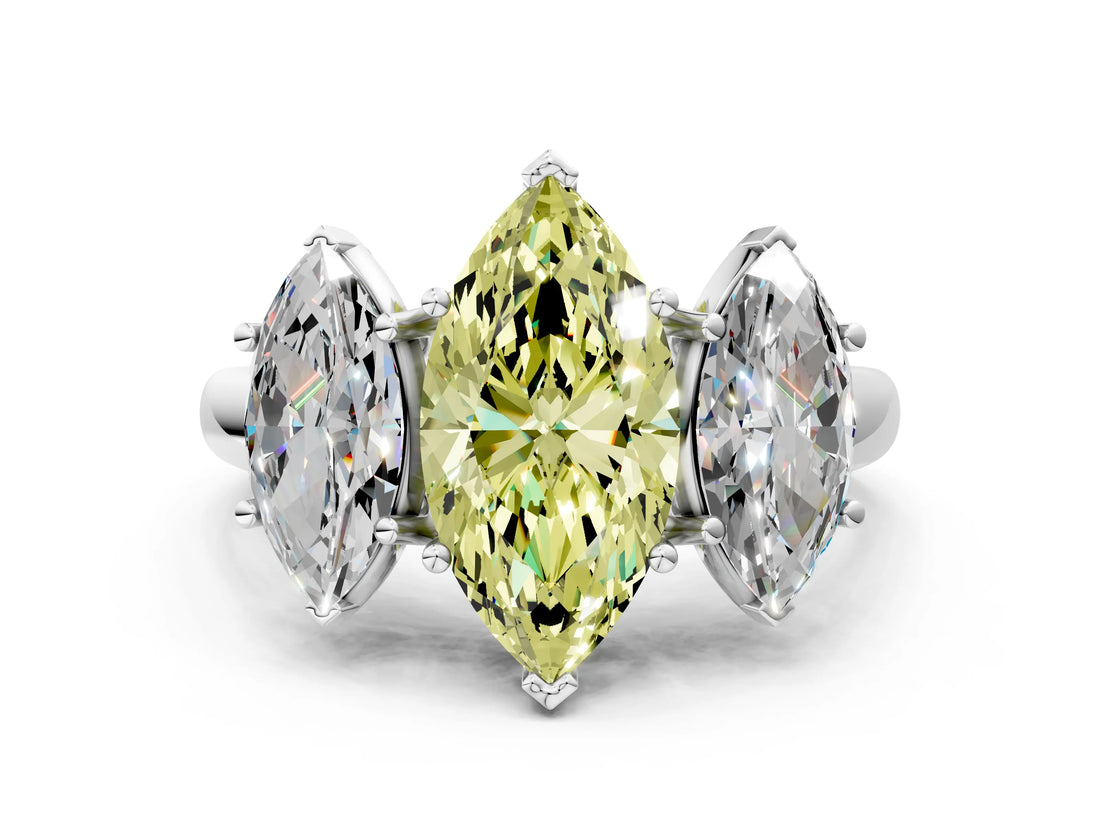 White gold Three-Stone Fancy Yellow Marquise Cut Diamond Engagement Ring with Prong Setting_15