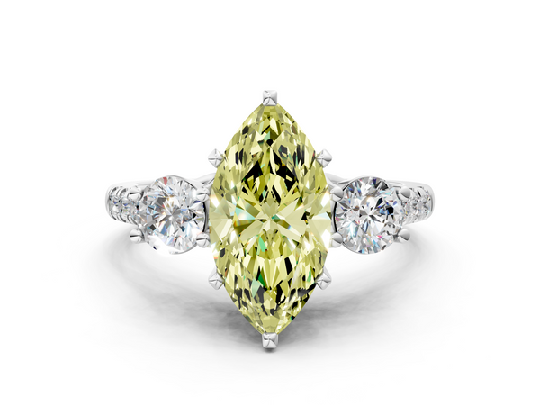 White gold Three-Stone Fancy Yellow Marquise Cut Diamond Pavé Band with Four-Prong Setting