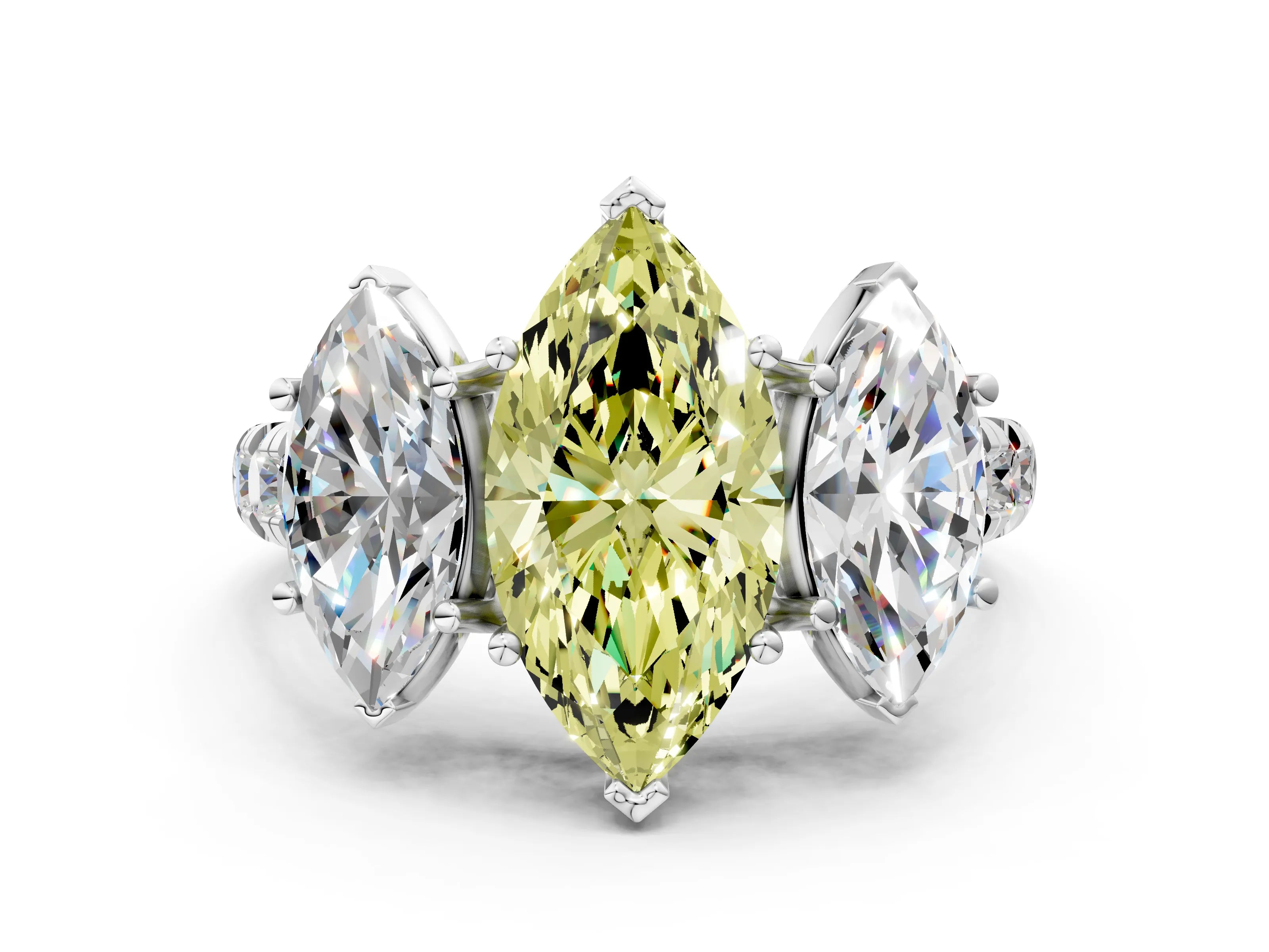 White gold Three-Stone Fancy Yellow Marquise Cut Diamond Pavé Band with Prong Setting_12