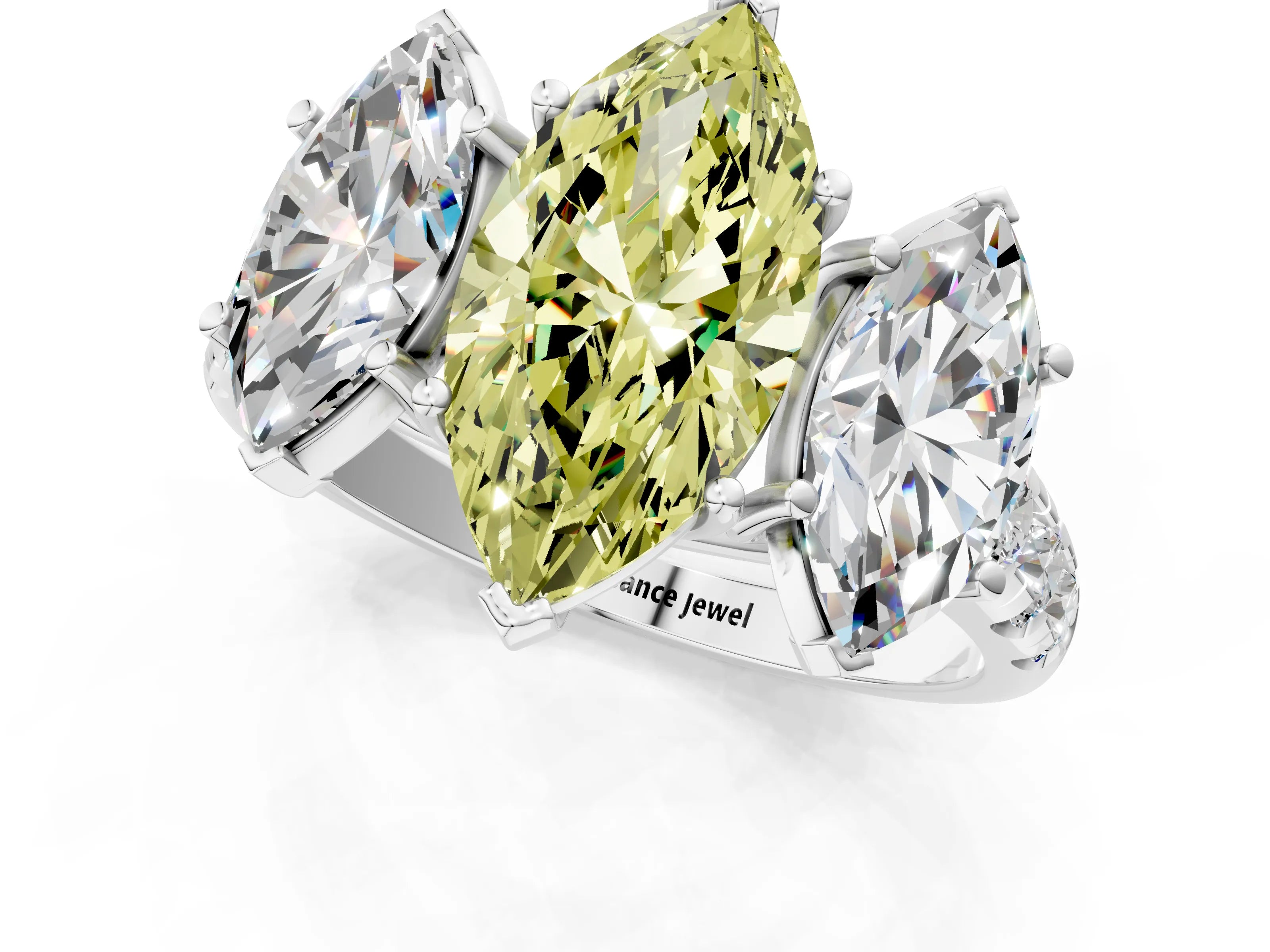White gold Three-Stone Fancy Yellow Marquise Cut Diamond Pavé Band with Prong Setting_13