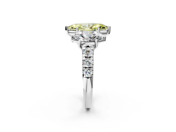 Platinum Three-Stone Fancy Yellow Marquise Cut Diamond Pavé Band with Prong Setting