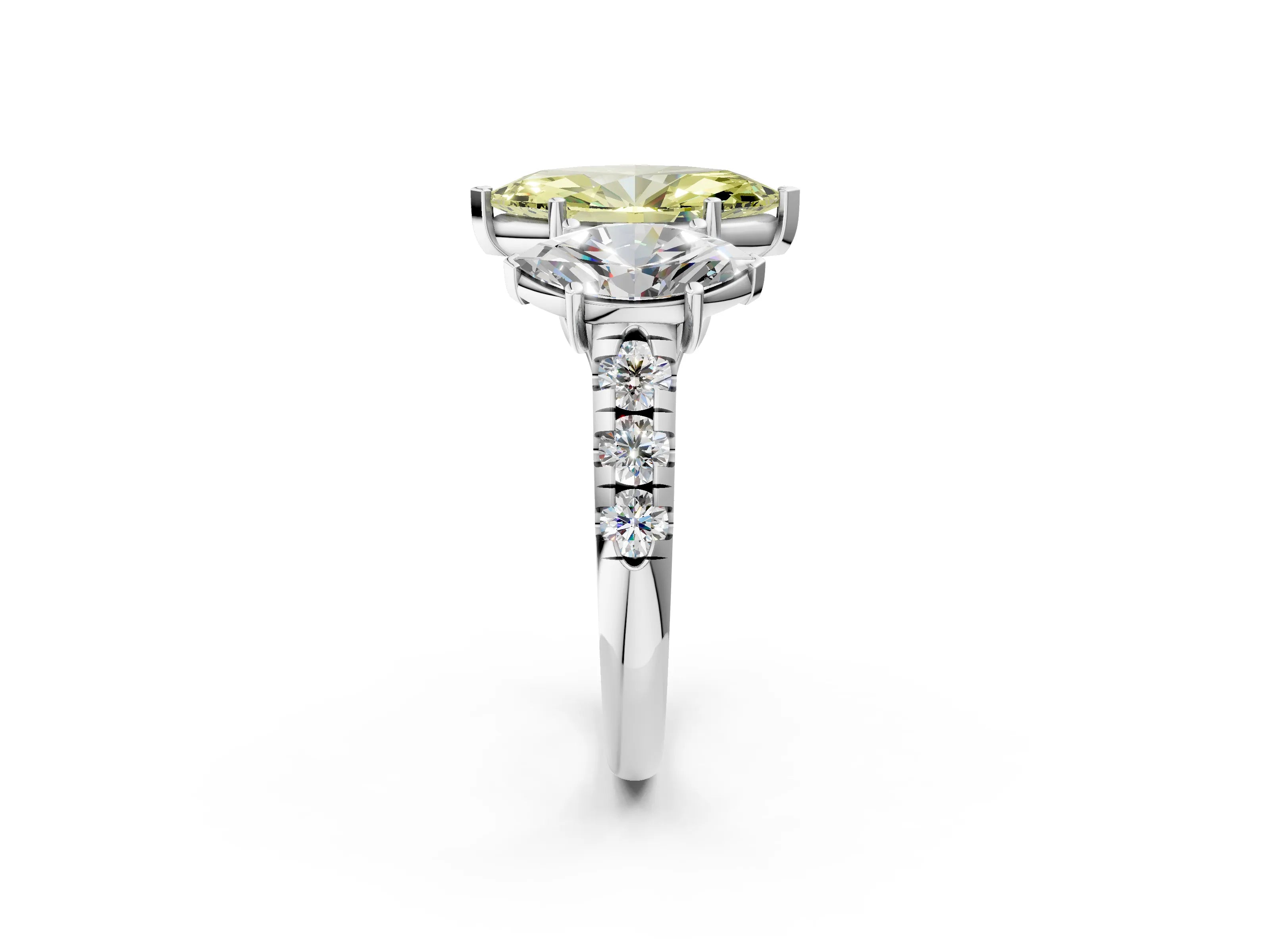 White gold Three-Stone Fancy Yellow Marquise Cut Diamond Pavé Band with Prong Setting_14
